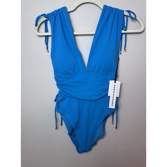 ROBIN PICCONE Aubrey One-Piece Swimsuit Size 6 Cyan Blue Plunging V-Worn once - Picture 3 of 16